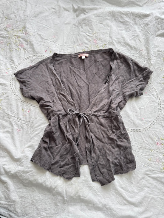 Lux Sweaters - Lux Short Sleeve Tie-Waist Cardigan - Gray Size S